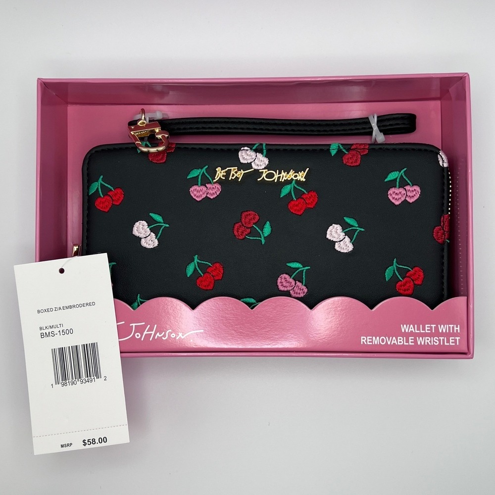 Betsey Johnson Cherry Toss Wallet Wristlet Black Embroidered Zip Around NWT - Picture 5 of 5